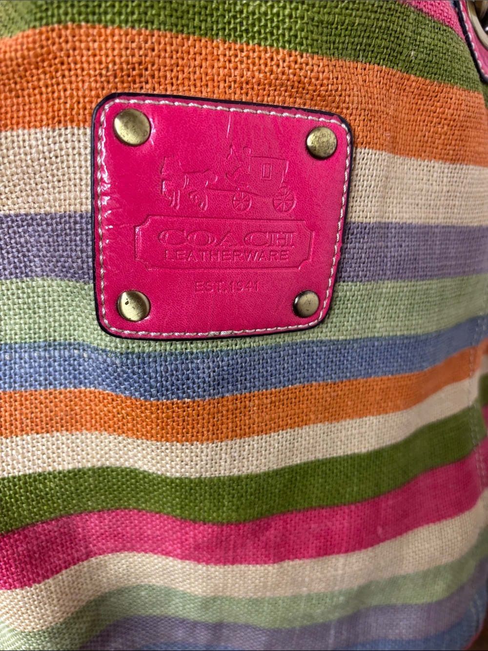 Coach HTF Legacy Striped Multicolor Woven Tote Bag with Pink Patent Leather Trim - Picture 15 of 16
